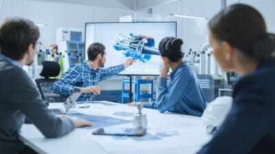 Modern Factory Office Meeting Room: Diverse Team of Engineers, Managers and Investors Talking at Conference Table, Use Interactive TV, Analyze Sustainable Energy Engine Blueprints. High-Tech Facility
