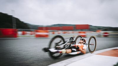 Swiss athlete, Heinz Frei, in action while the men's cycling time trial race during the Summer paralympic games 2020 in Fuji, Japan, on Tuesday, August 31, 2021. (© Swissparalympic/ Gabriel Monnet)